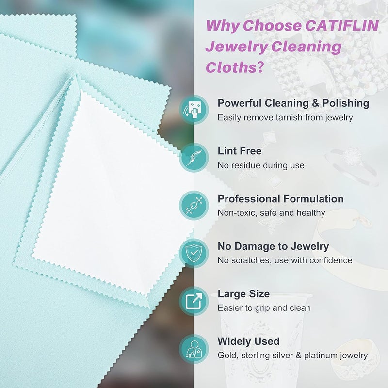 CATIFLIN 3PCS Sea Blue Silver Polishing Cloths, 10"x12" Jewelry Cleaning Cloths for Gold, Silver, Platinum, Watch, Coin, Tarnish Remover, Reusable & Streak for Jewelry Lovers - Image 2
